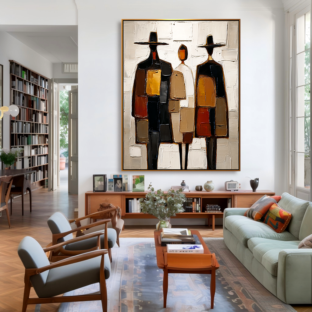 Abstract art of three figures with hats, textured modern canvas painting
