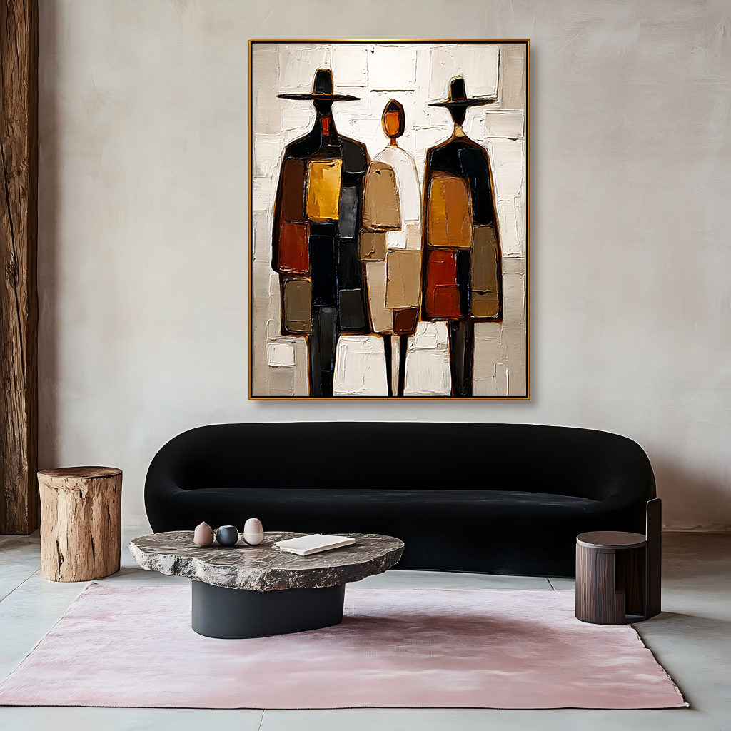 Abstract art of three figures with hats, textured modern canvas painting
