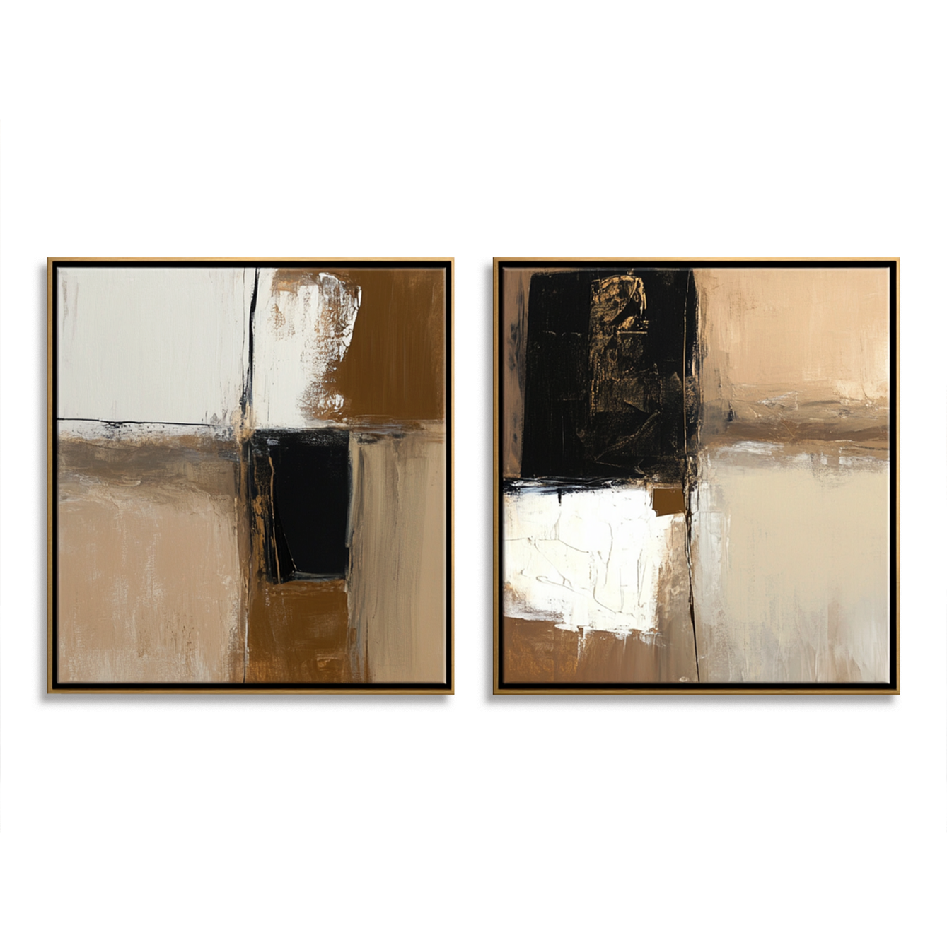 Abstract geometric diptych art with warm tones and textured brushstrokes on canvas