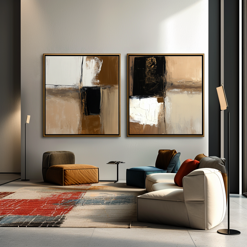 Abstract geometric diptych art with warm tones and textured brushstrokes on canvas