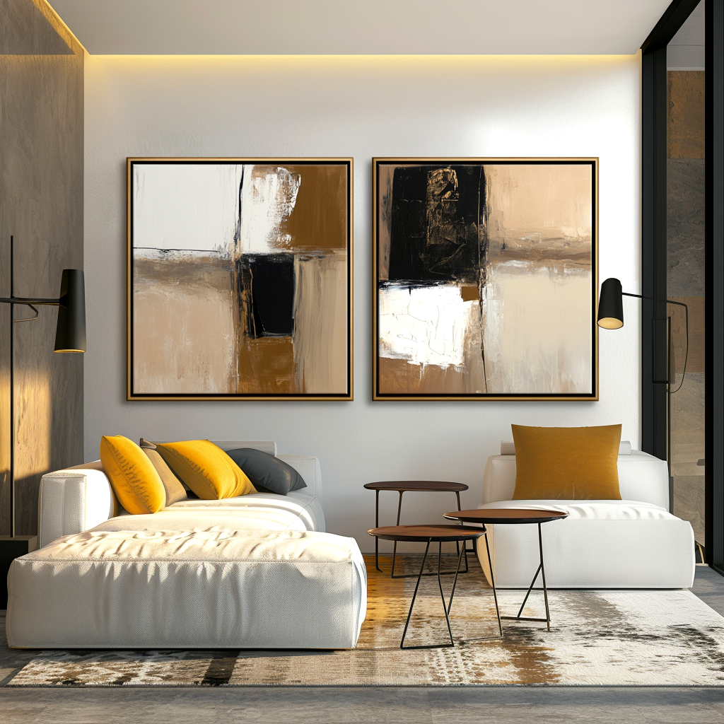 Abstract geometric diptych art with warm tones and textured brushstrokes on canvas