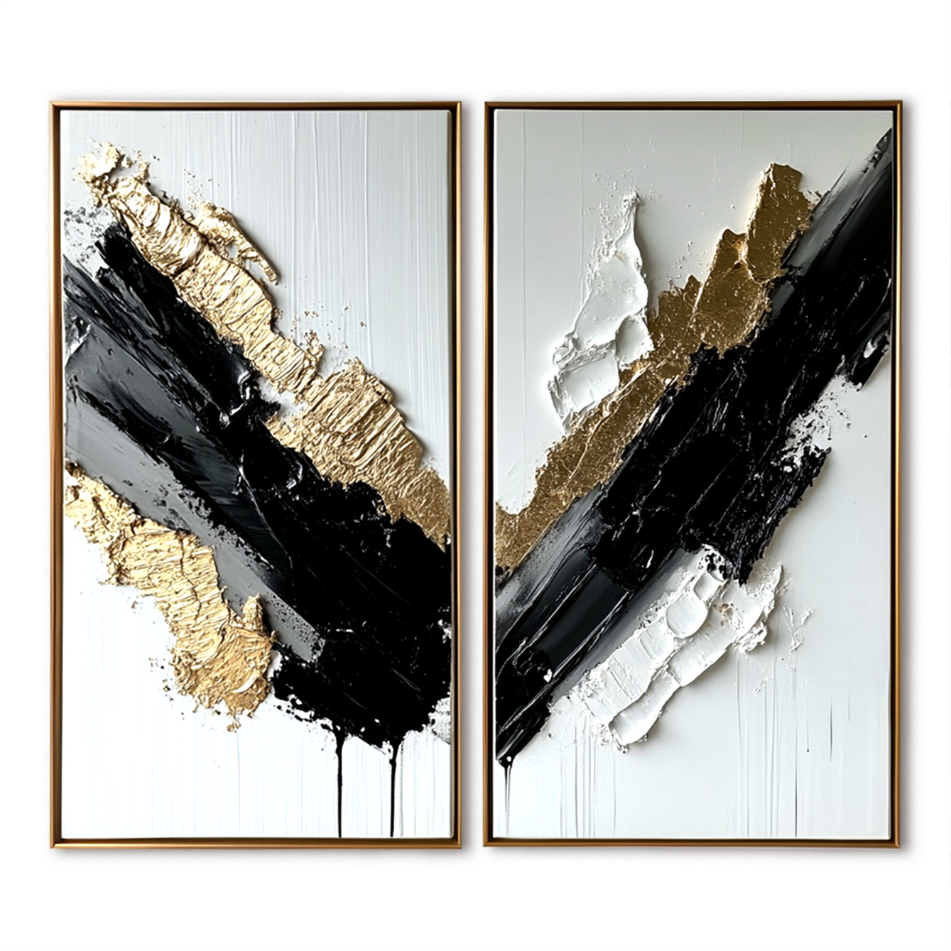 Abstract black, white, and gold diptych with textured brushstrokes on canvas