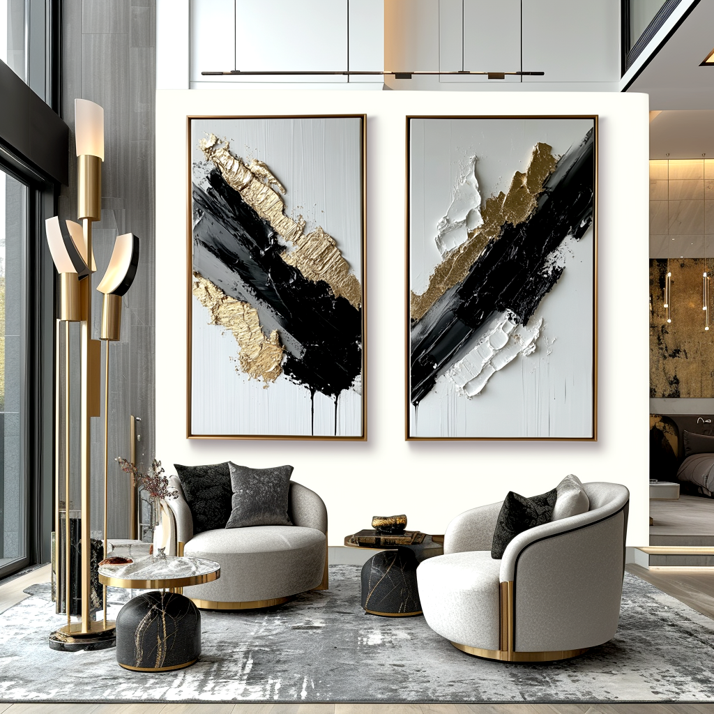 Abstract black, white, and gold diptych with textured brushstrokes on canvas