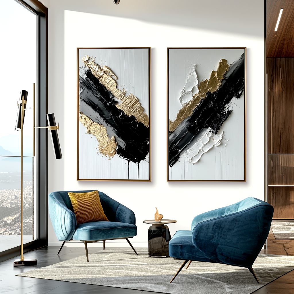 Abstract black, white, and gold diptych with textured brushstrokes on canvas