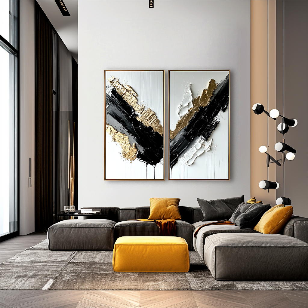 Abstract black, white, and gold diptych with textured brushstrokes on canvas