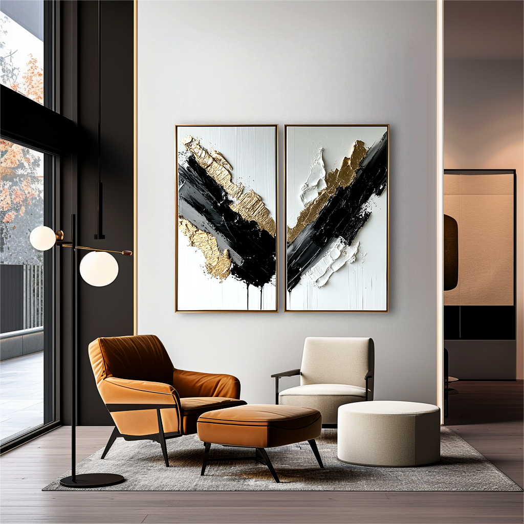 Abstract black, white, and gold diptych with textured brushstrokes on canvas