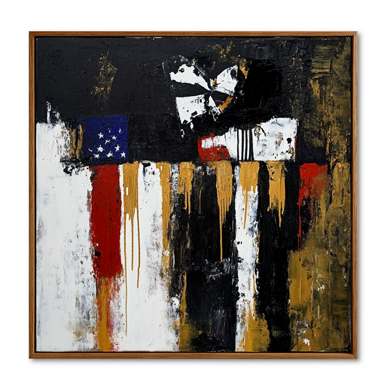 Abstract American flag painting with black, red, white, and gold textures