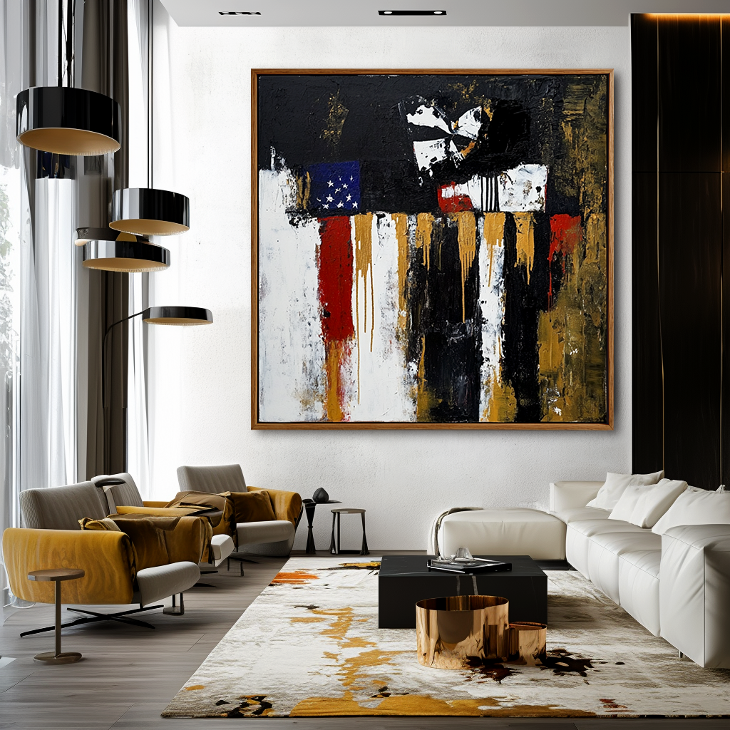 Abstract American flag painting with black, red, white, and gold textures