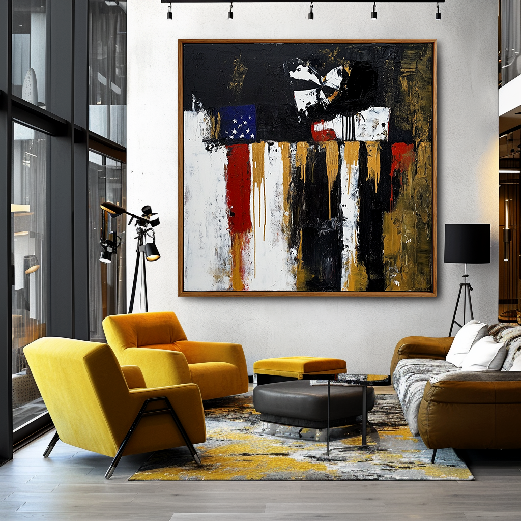 Abstract American flag painting with black, red, white, and gold textures