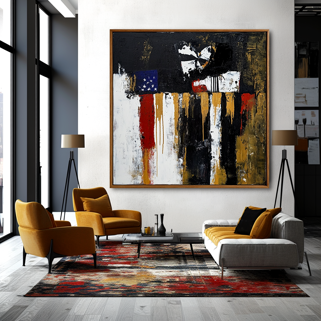 Abstract American flag painting with black, red, white, and gold textures