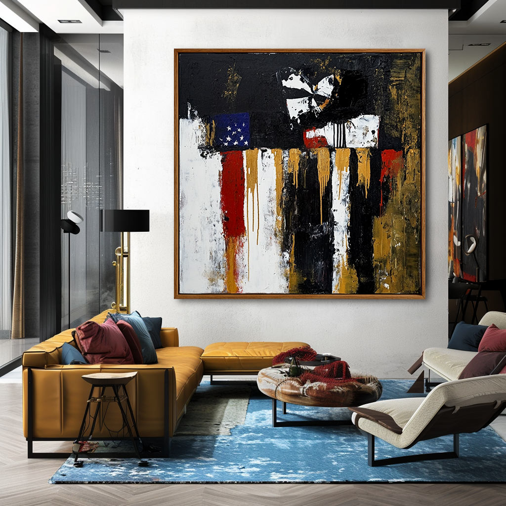 Abstract American flag painting with black, red, white, and gold textures