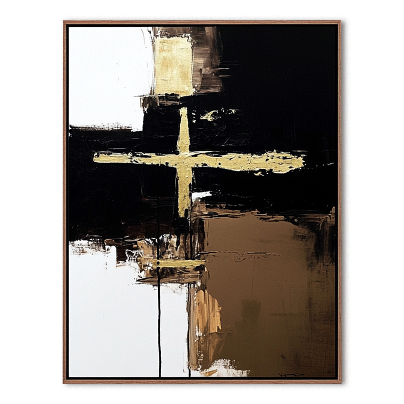 Abstract black and gold cross art with textured brushstrokes on canvas