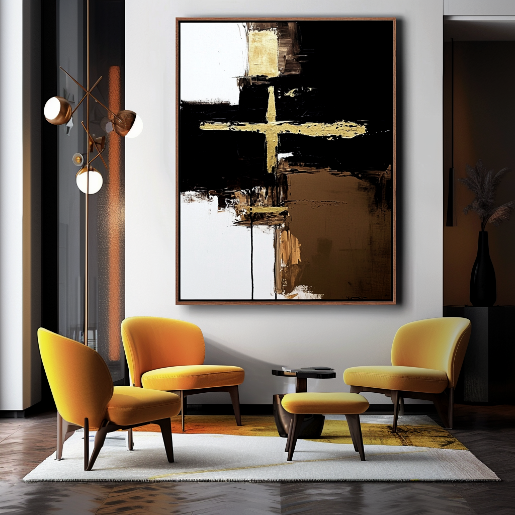 Abstract black and gold cross art with textured brushstrokes on canvas