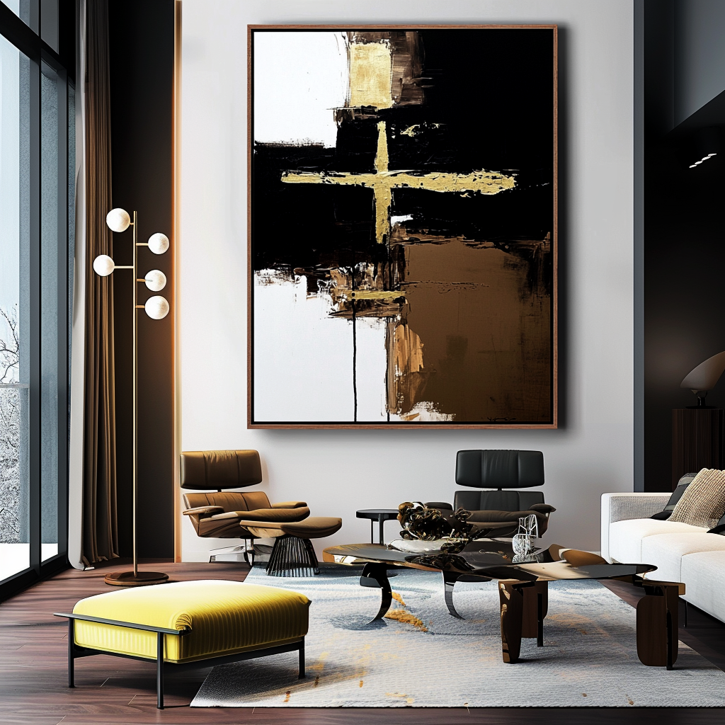 Abstract black and gold cross art with textured brushstrokes on canvas