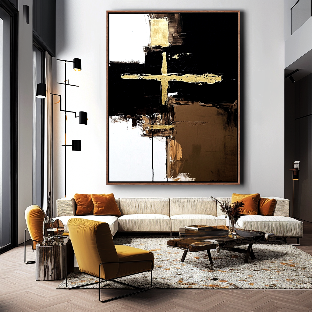 Abstract black and gold cross art with textured brushstrokes on canvas