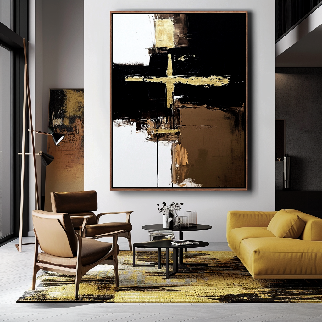 Abstract black and gold cross art with textured brushstrokes on canvas
