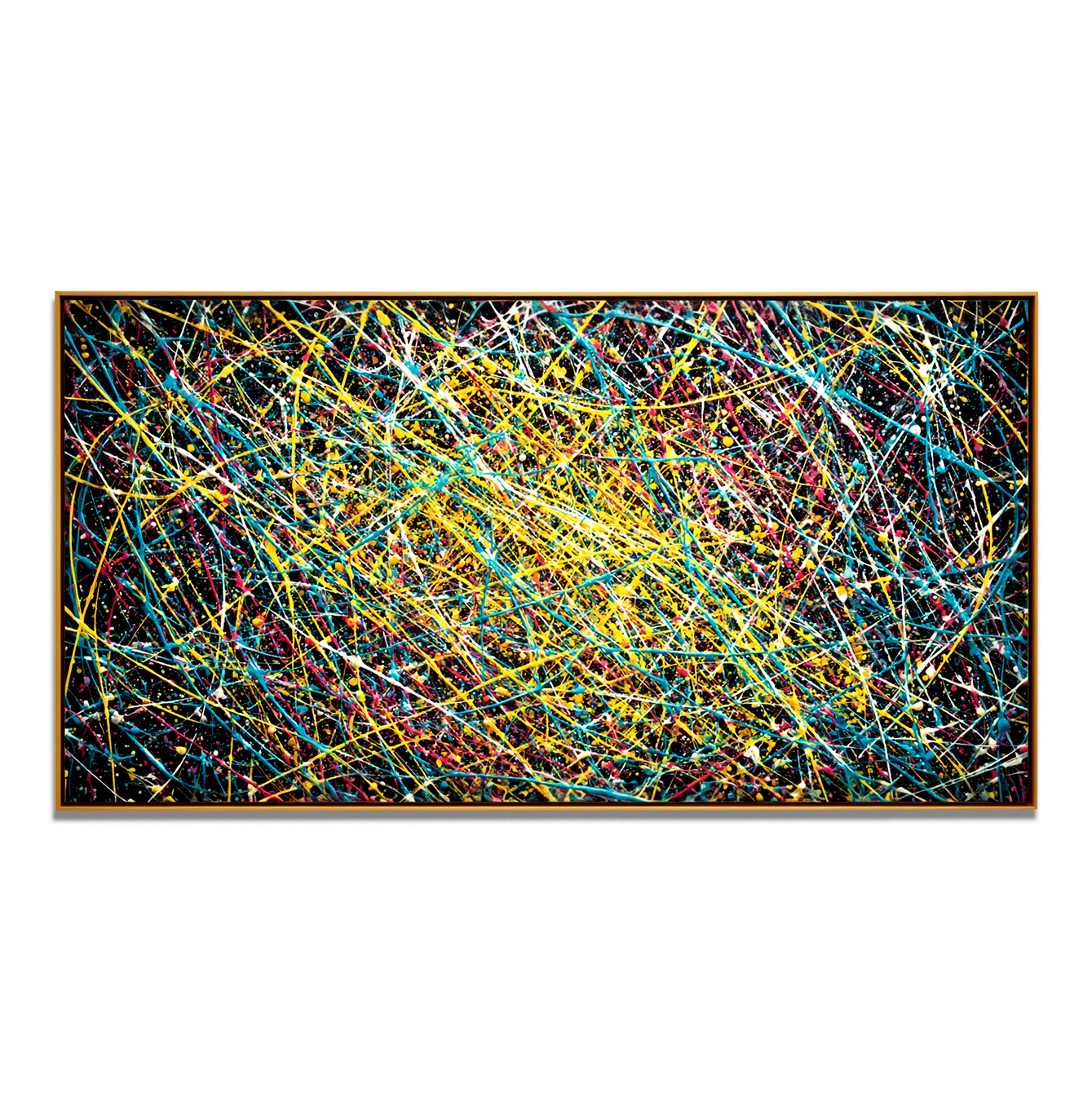 Abstract canvas painting with colorful textured splatters on black background