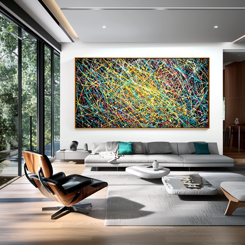 Abstract canvas painting with colorful textured splatters on black background