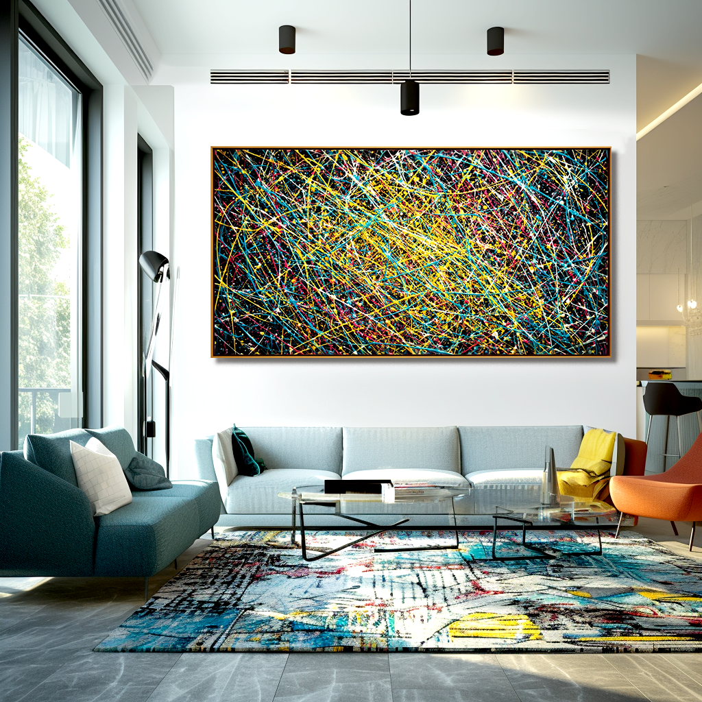 Abstract canvas painting with colorful textured splatters on black background