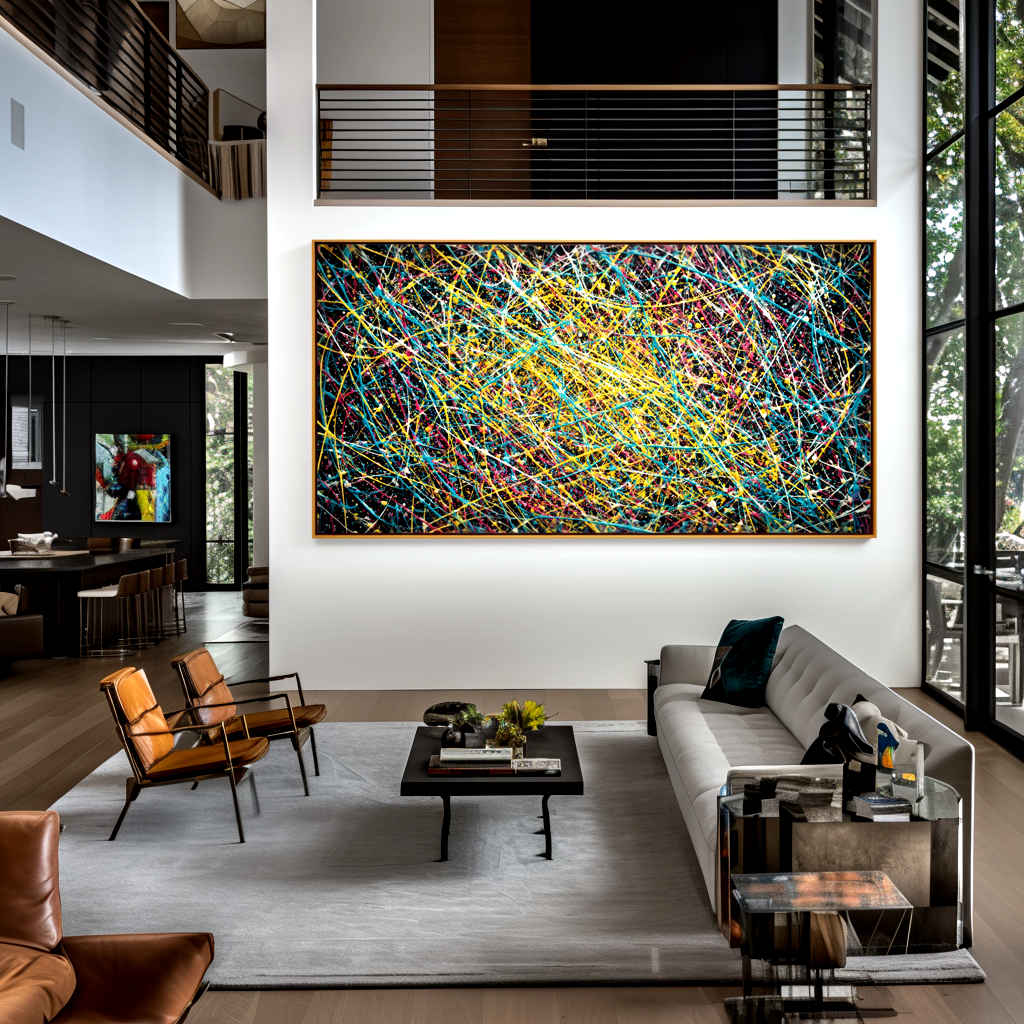 Abstract canvas painting with colorful textured splatters on black background