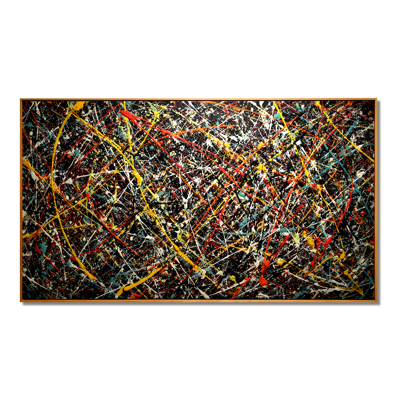 Abstract splatter painting on dark canvas with vibrant textured colors