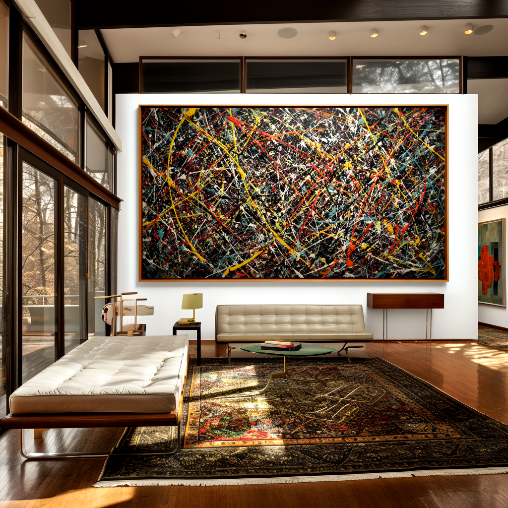 Abstract splatter painting on dark canvas with vibrant textured colors