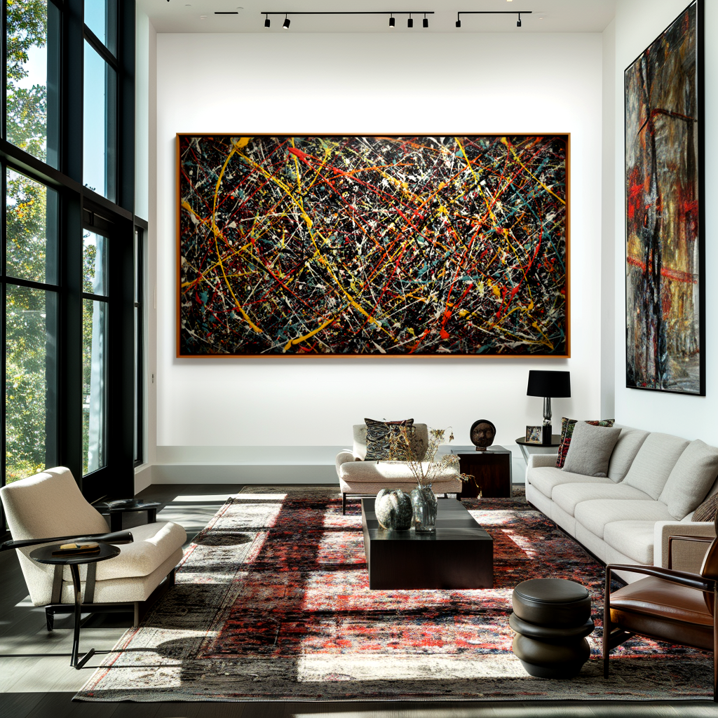 Abstract splatter painting on dark canvas with vibrant textured colors
