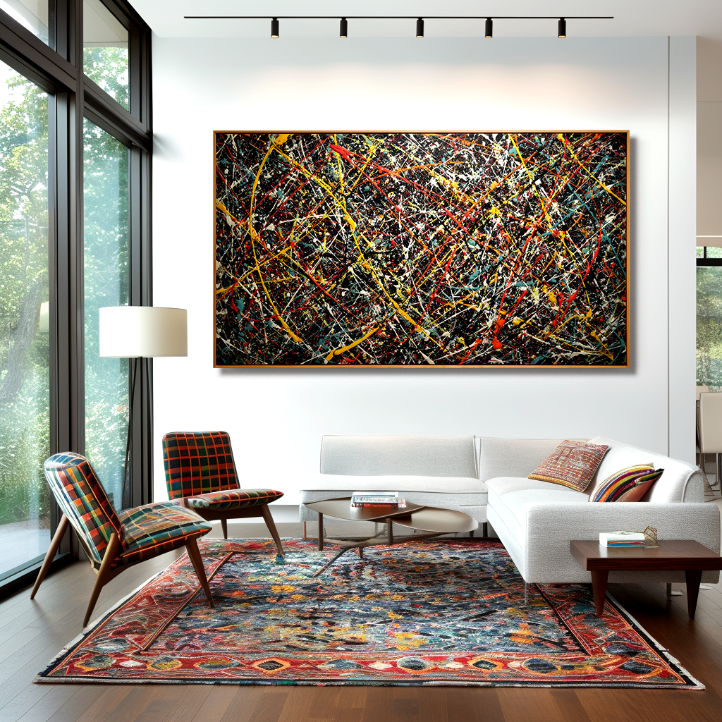 Abstract splatter painting on dark canvas with vibrant textured colors