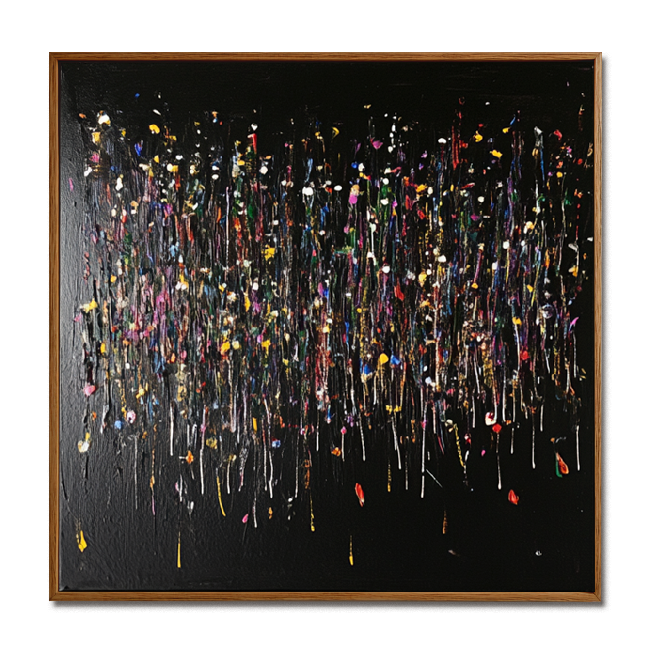 Abstract colorful rainfall painting on black canvas with textured paint drips.
