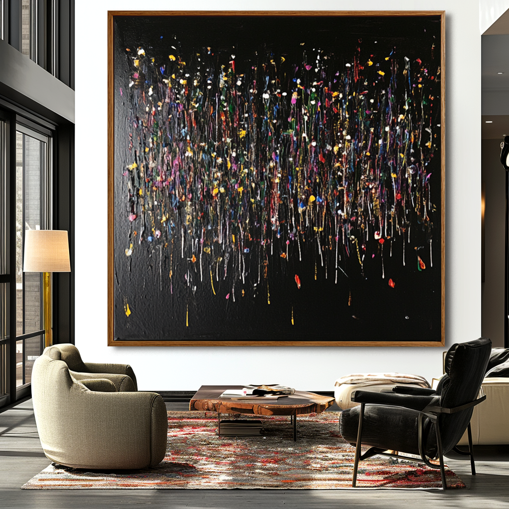 Abstract colorful rainfall painting on black canvas with textured paint drips.