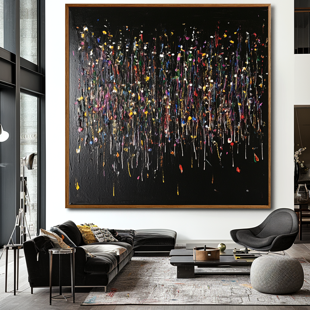 Abstract colorful rainfall painting on black canvas with textured paint drips.