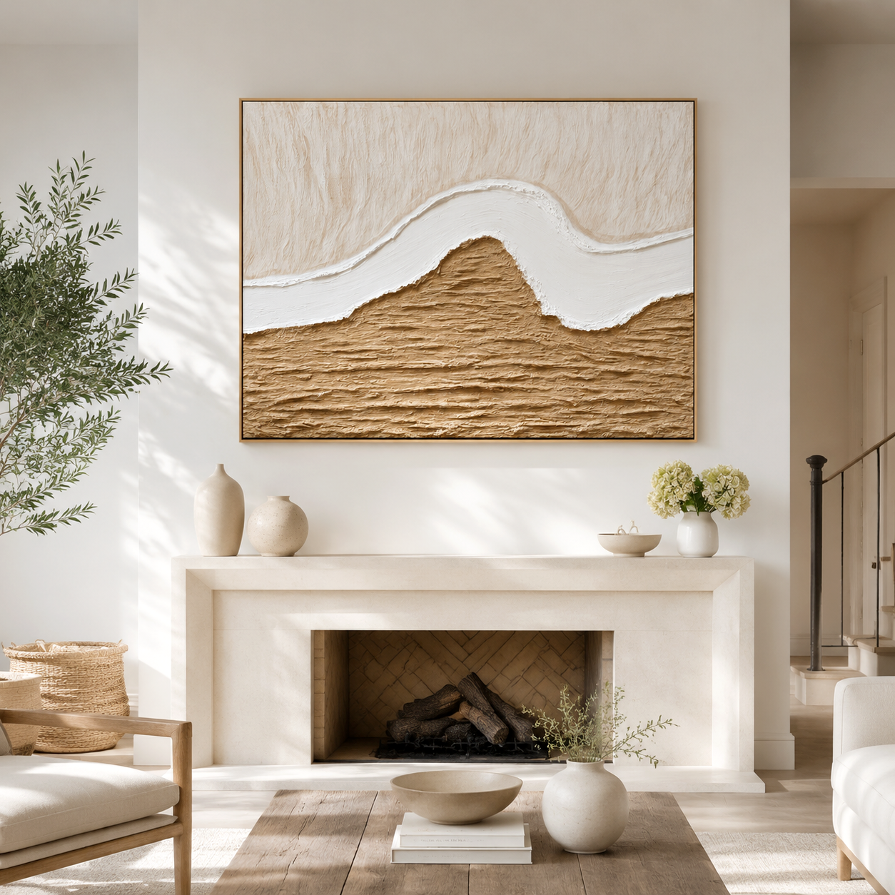 Neutral textured abstract wall art with flowing white curve