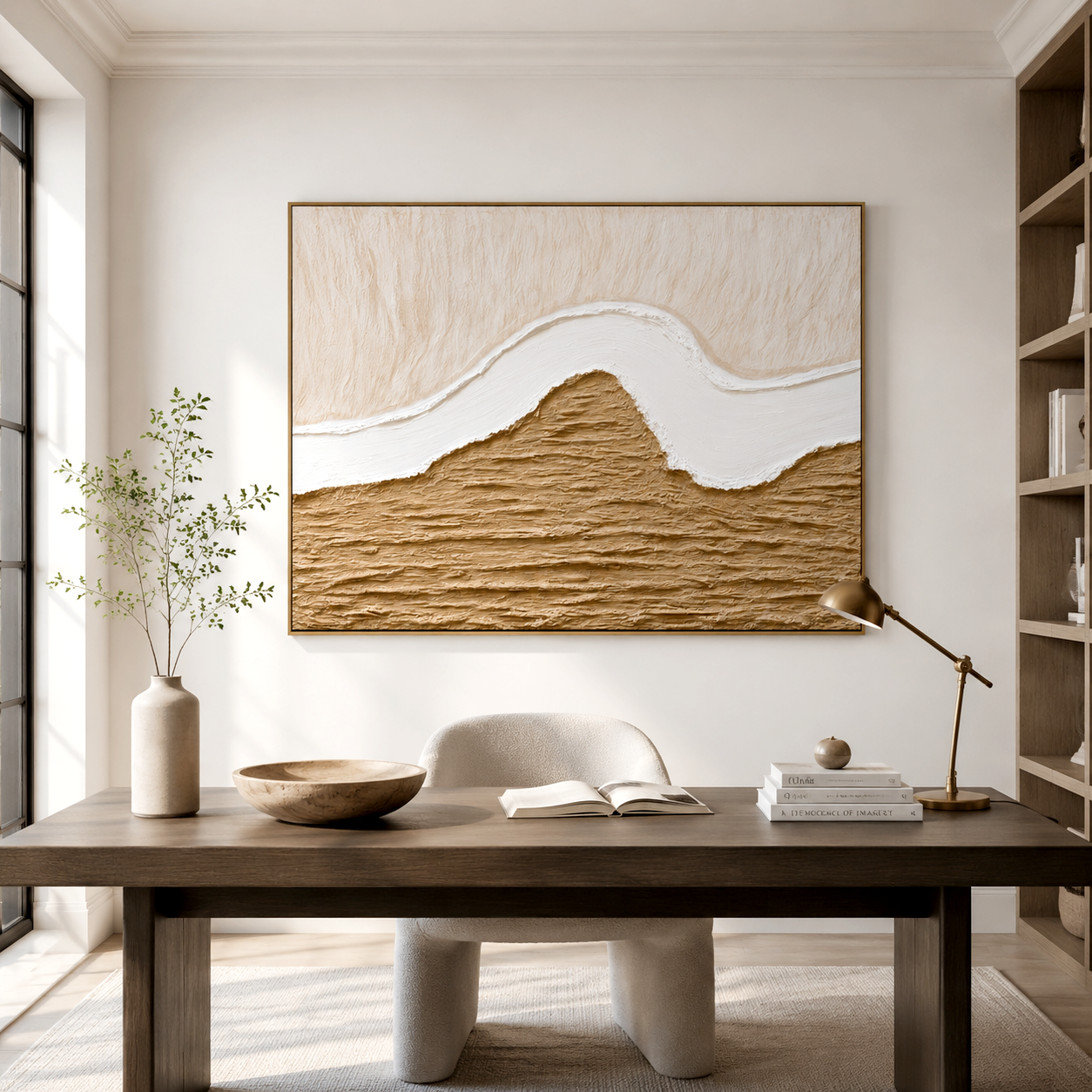 Neutral textured abstract wall art with flowing white curve