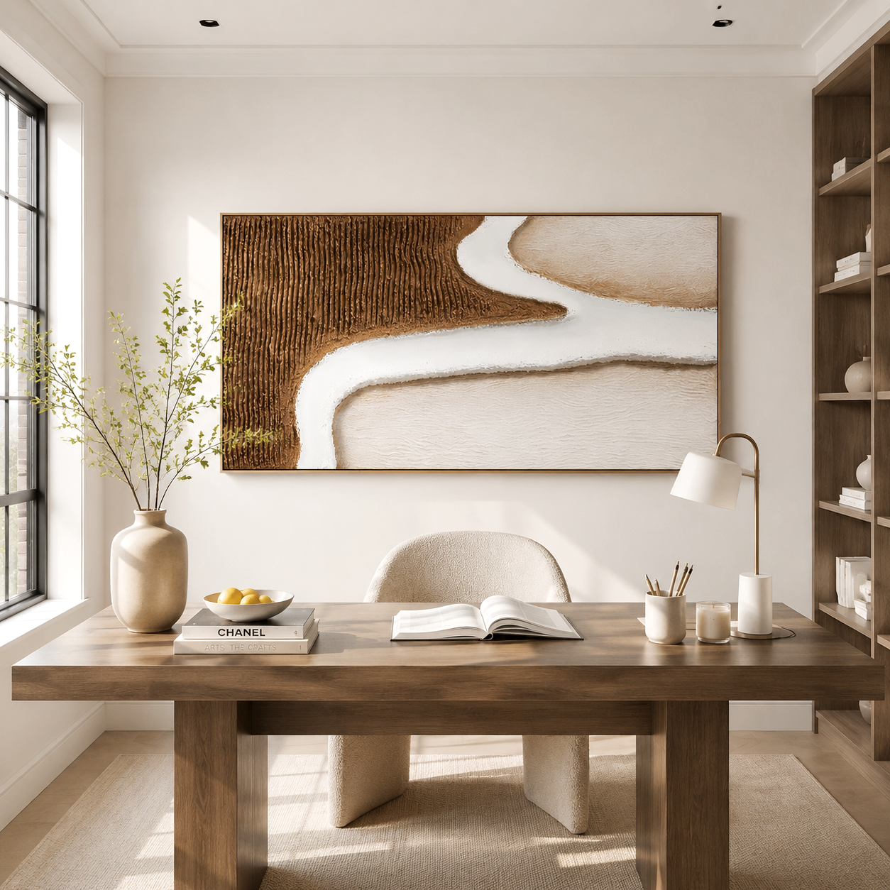 Neutral minimalist textured wall art with flowing white line