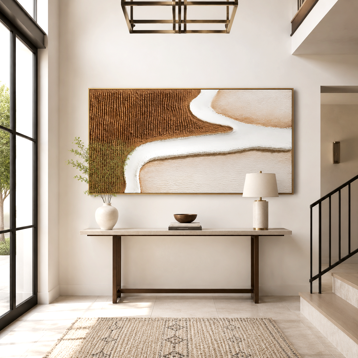 Neutral minimalist textured wall art with flowing white line
