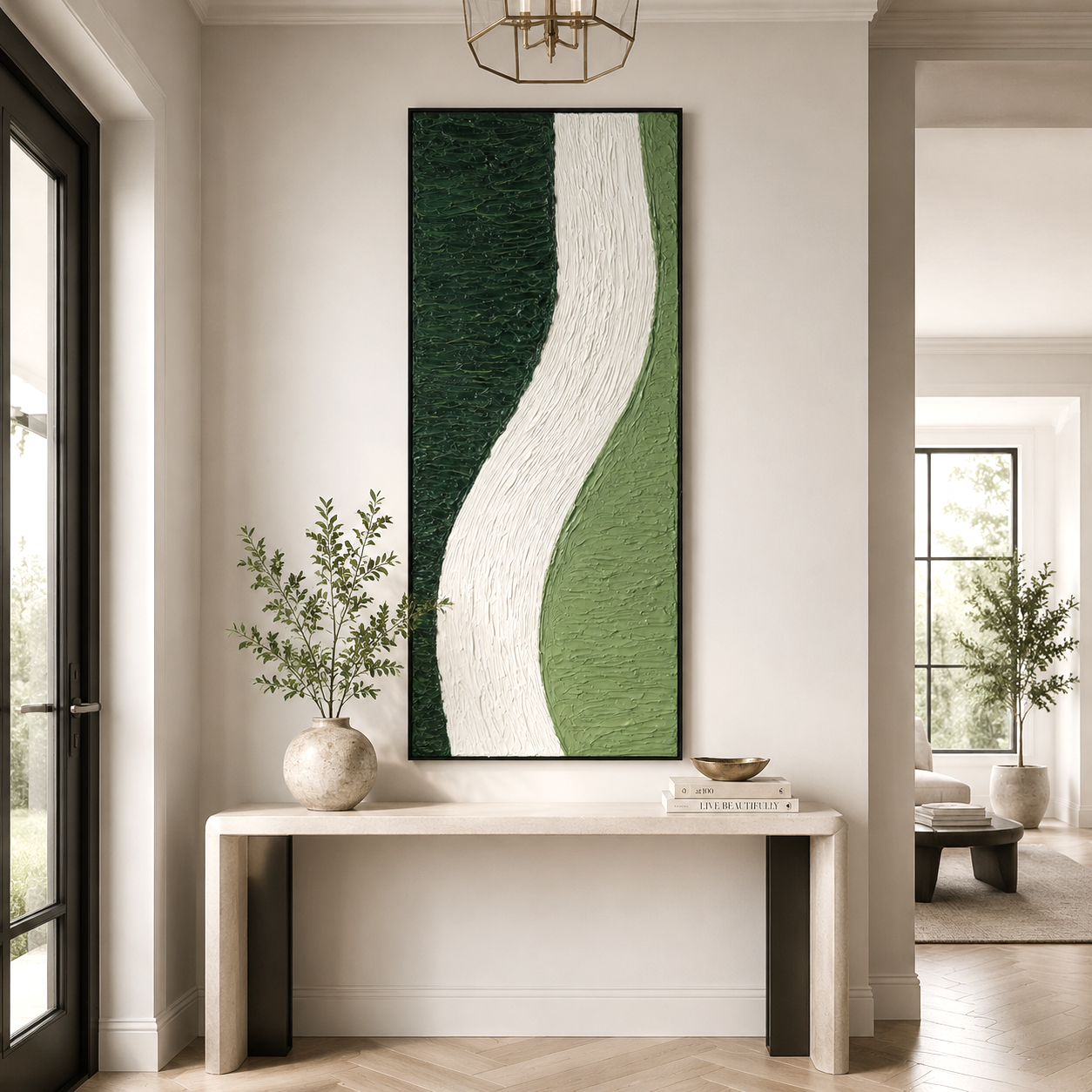Minimalist green and white textured wall art with flowing design