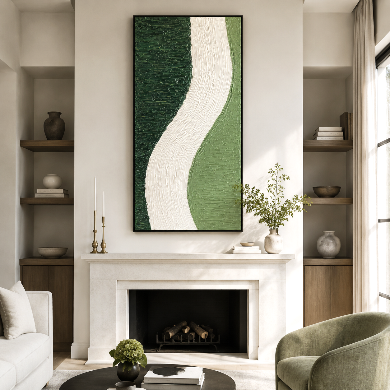 Minimalist green and white textured wall art with flowing design