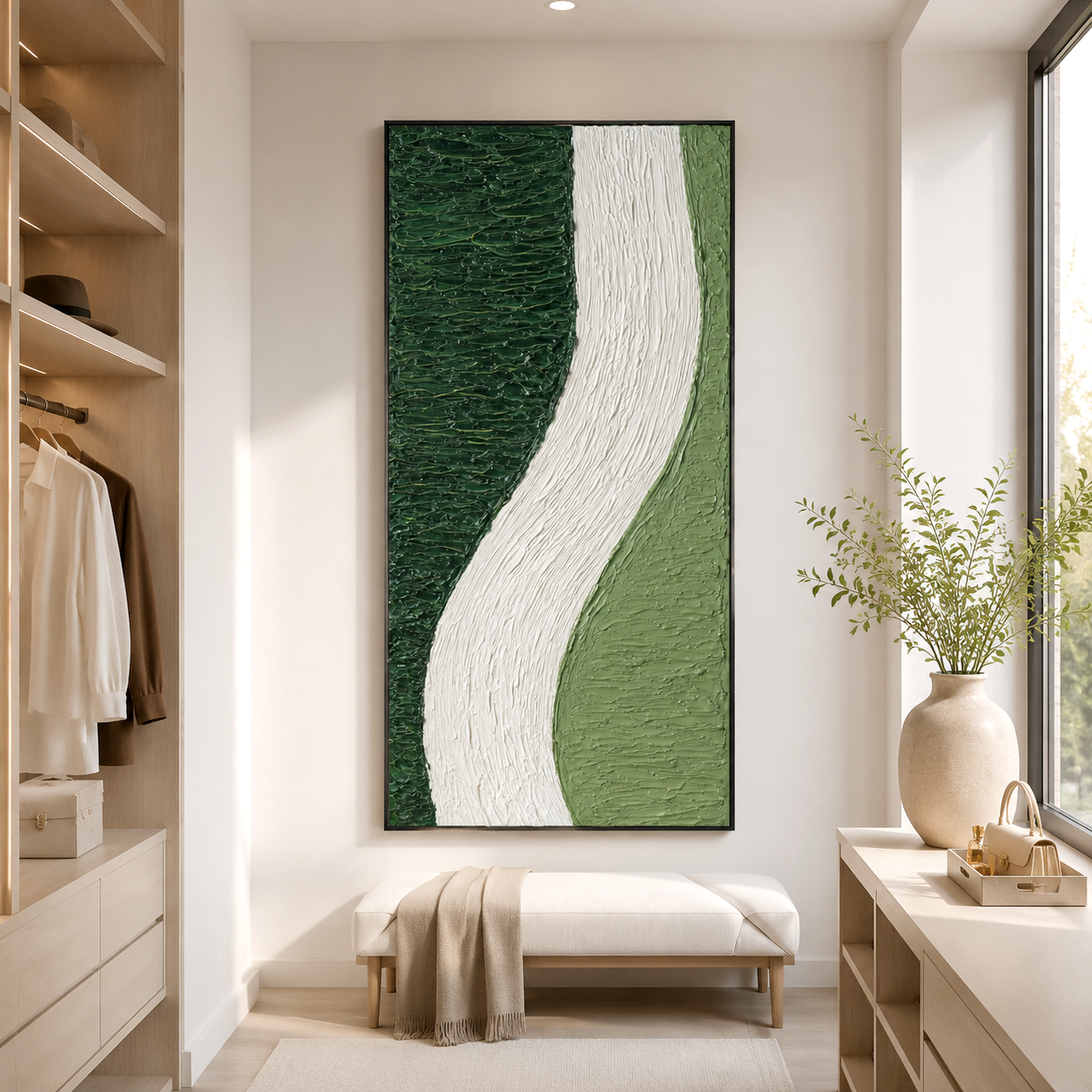 Minimalist green and white textured wall art with flowing design