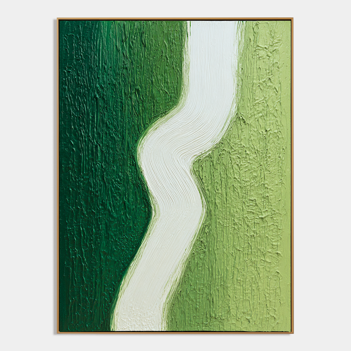 Minimalist hand-painted wall art in green and white with textured design