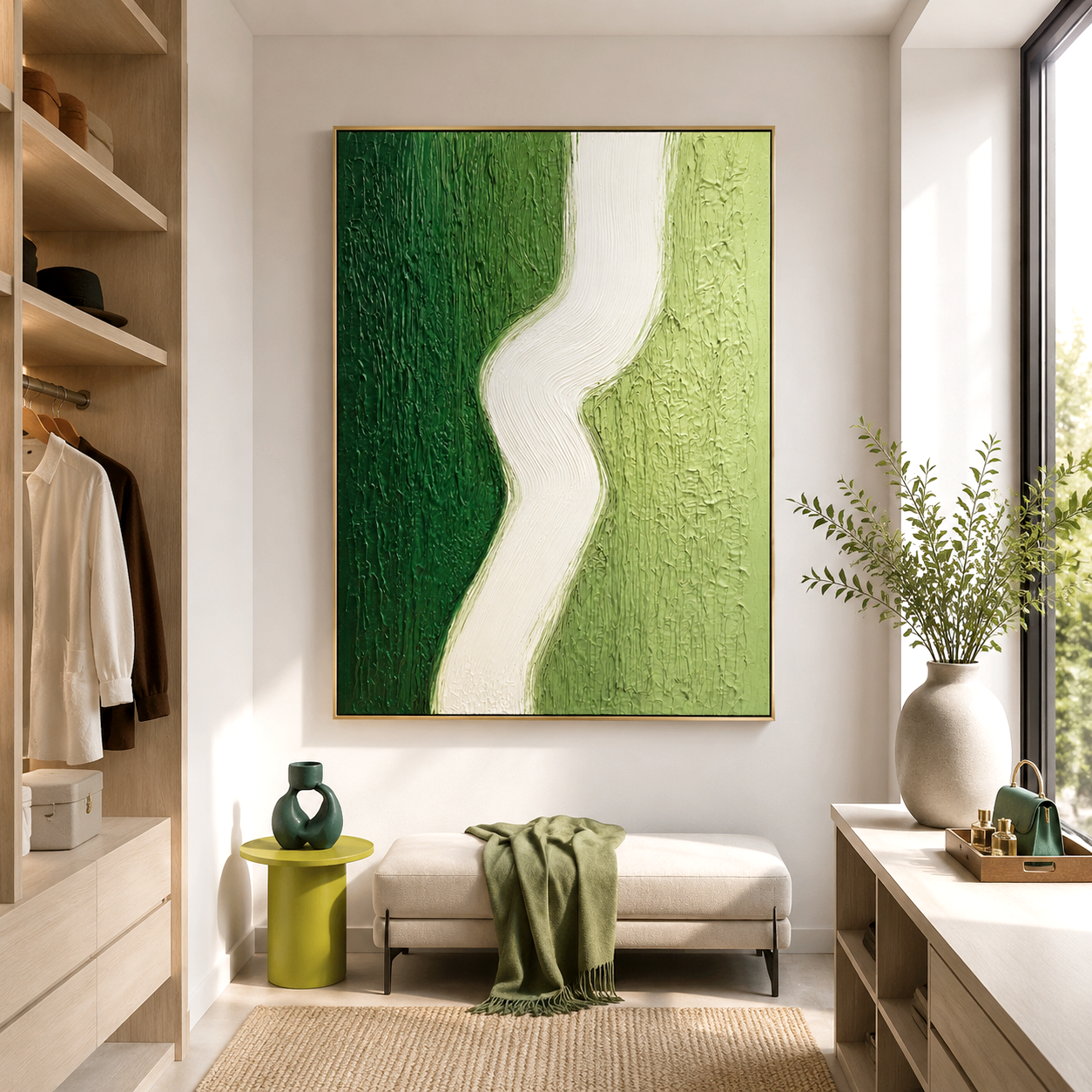 Minimalist hand-painted wall art in green and white with textured design