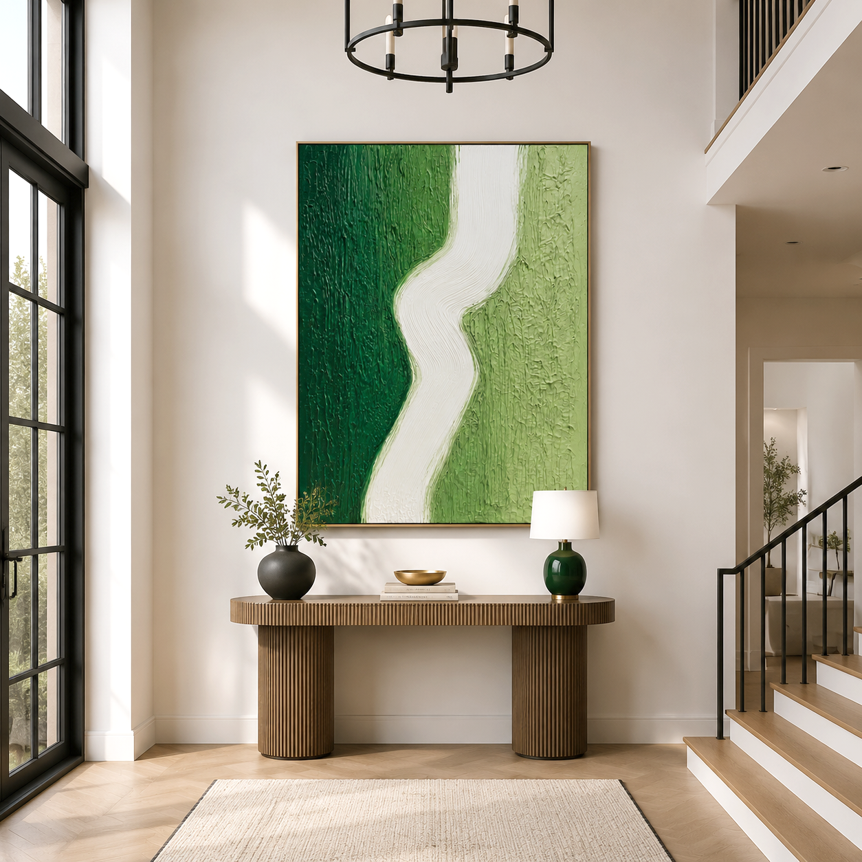 Minimalist hand-painted wall art in green and white with textured design