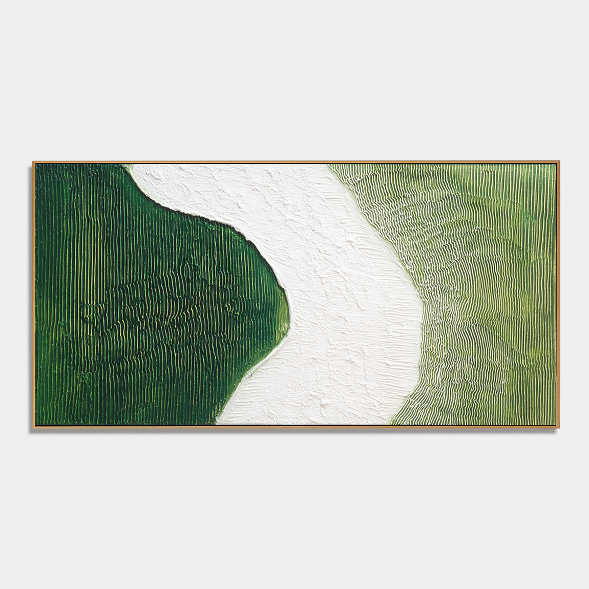 Hand-painted textured wall art in green and white with flowing path design