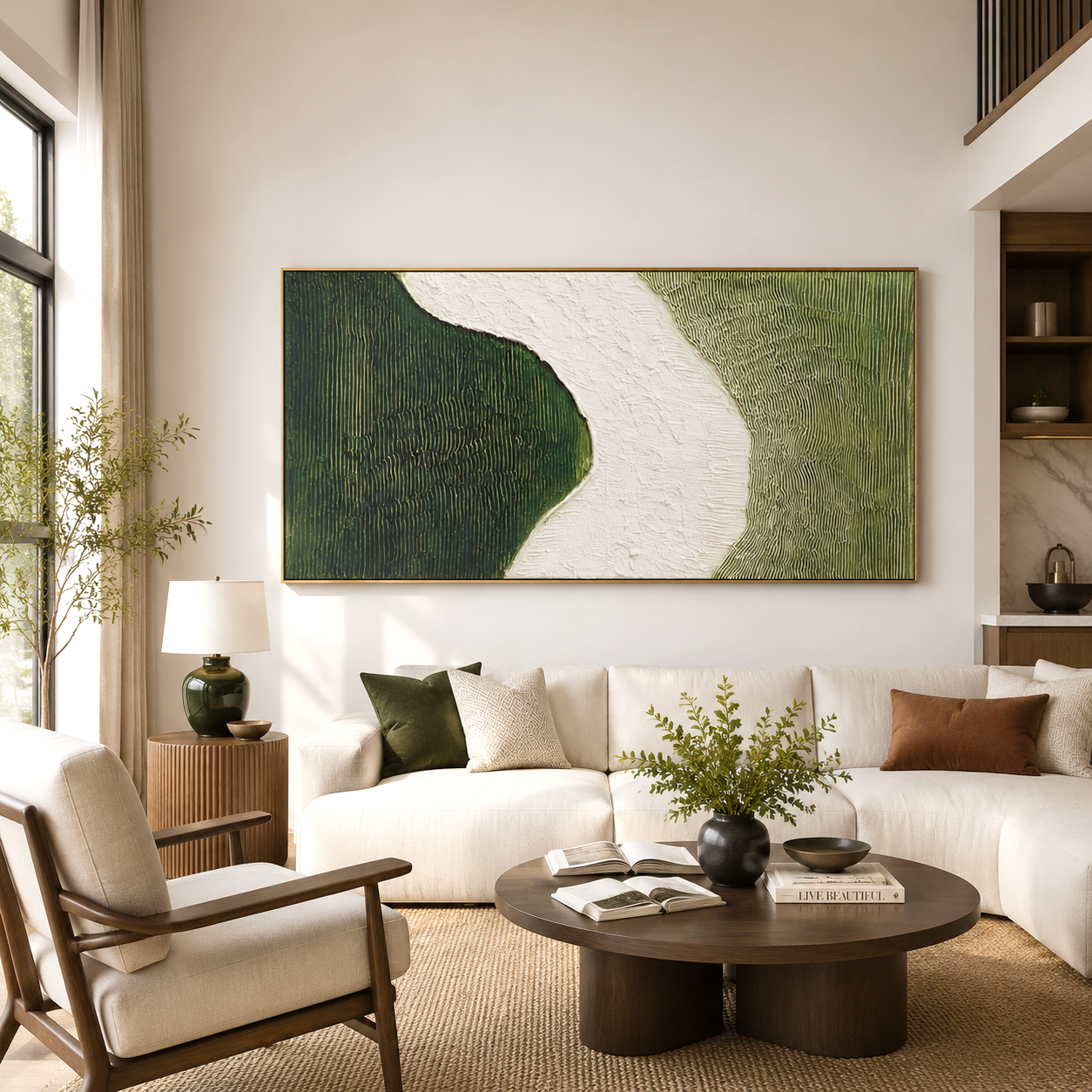 Hand-painted textured wall art in green and white with flowing path design