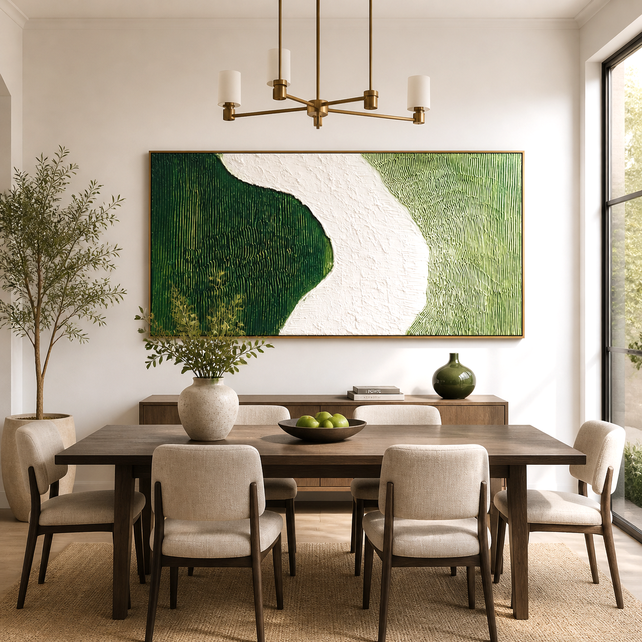 Hand-painted textured wall art in green and white with flowing path design