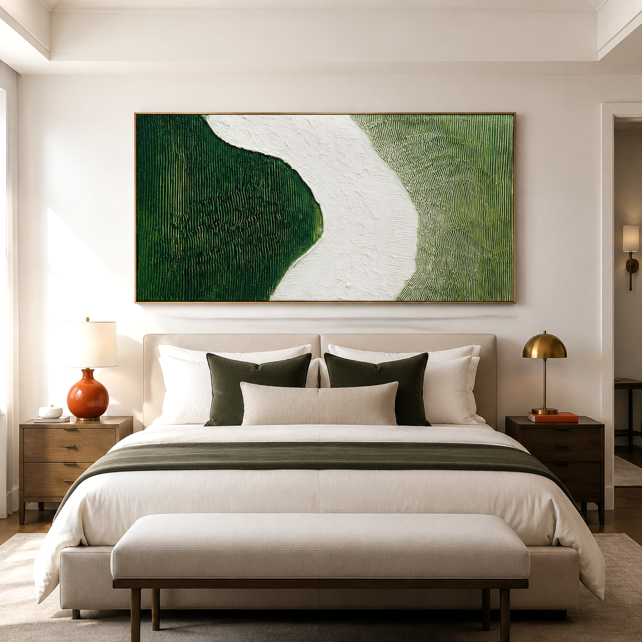 Hand-painted textured wall art in green and white with flowing path design