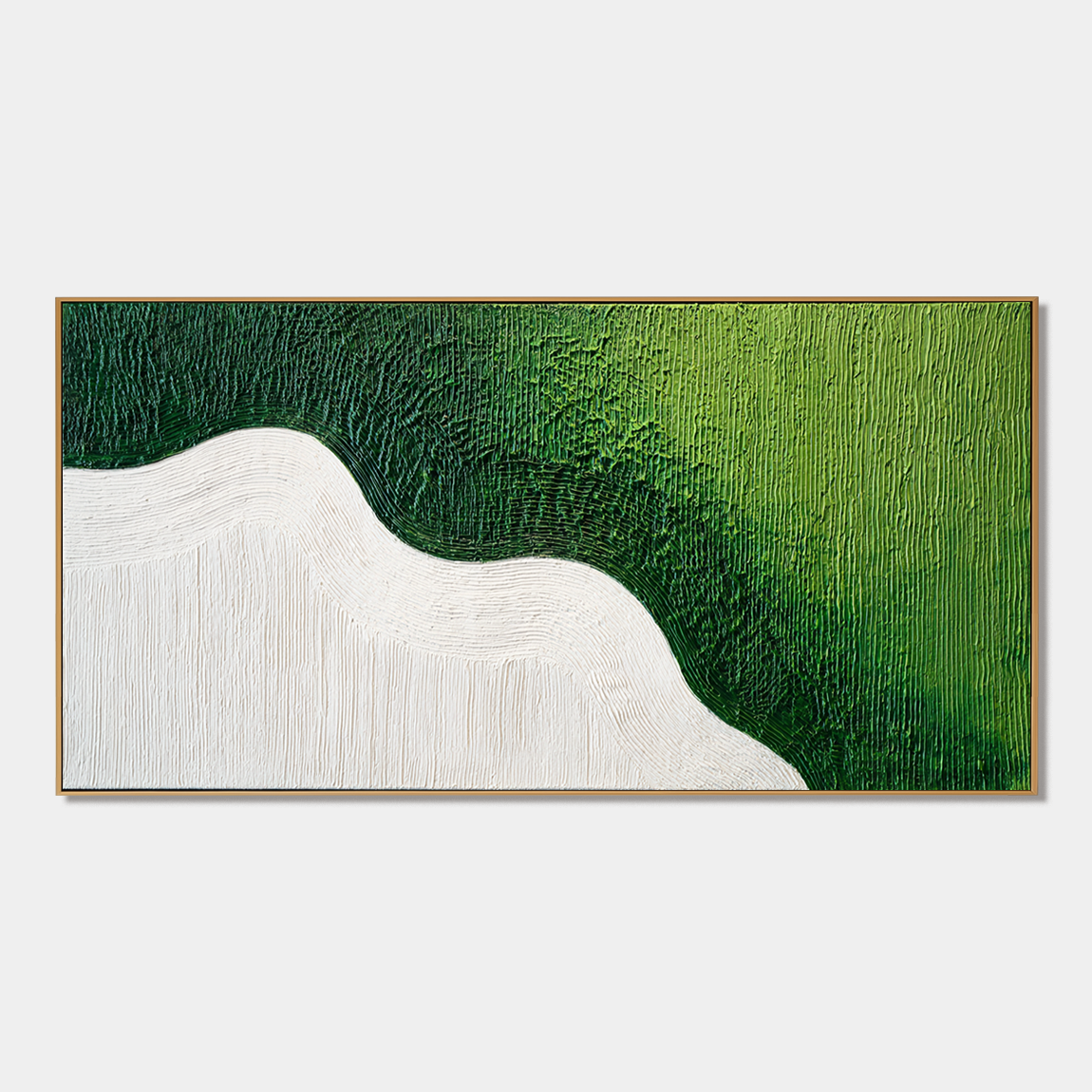 Hand-painted textured abstract wall art with green shades and white wave