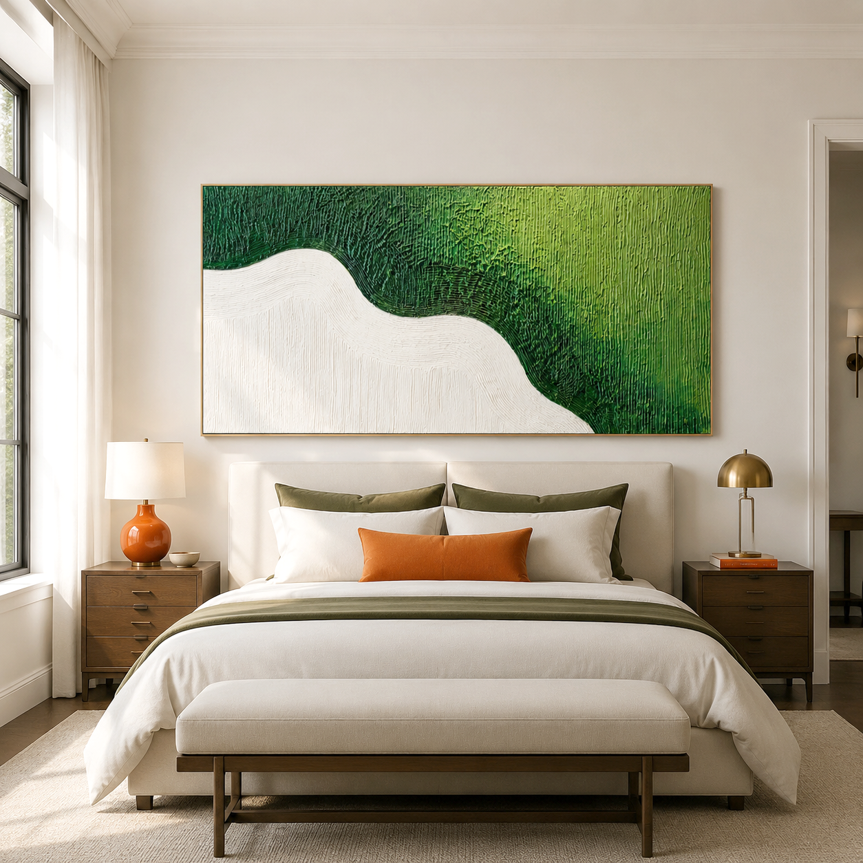 Hand-painted textured abstract wall art with green shades and white wave