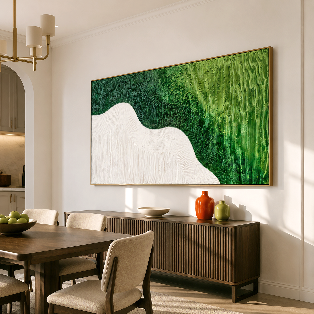 Hand-painted textured abstract wall art with green shades and white wave