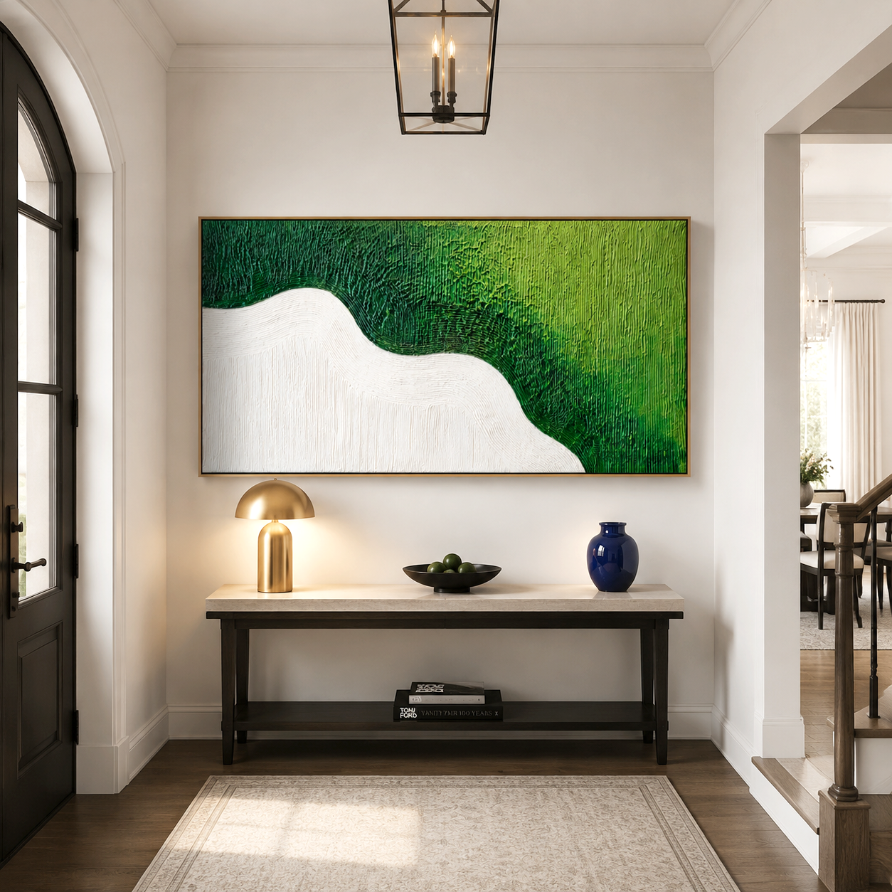 Hand-painted textured abstract wall art with green shades and white wave