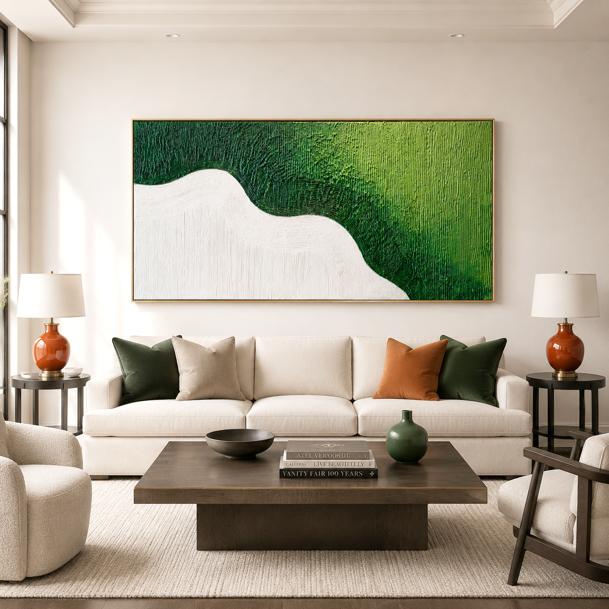Hand-painted textured abstract wall art with green shades and white wave